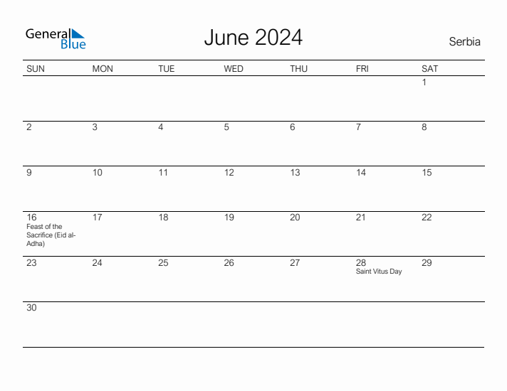 Printable June 2024 Calendar for Serbia
