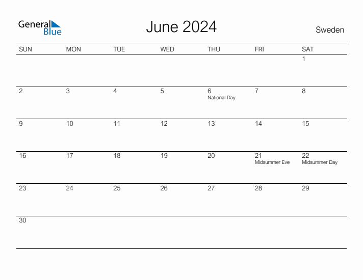 Printable June 2024 Calendar for Sweden