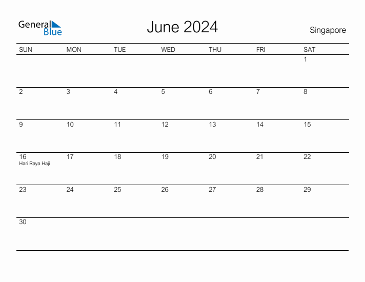 Printable June 2024 Calendar for Singapore