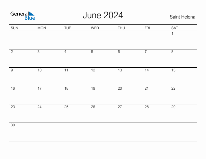 Printable June 2024 Calendar for Saint Helena