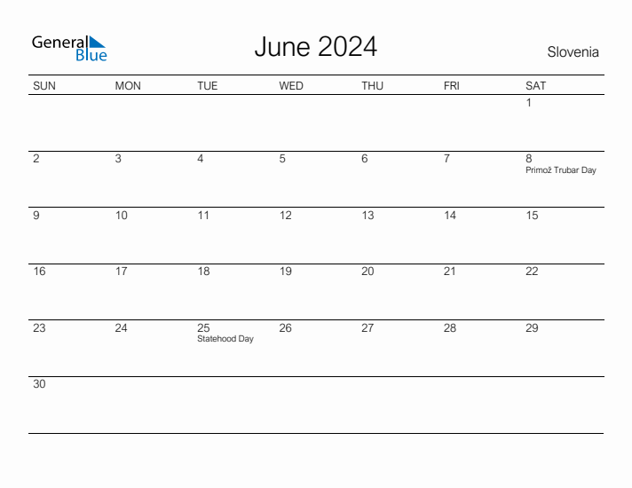 Printable June 2024 Calendar for Slovenia
