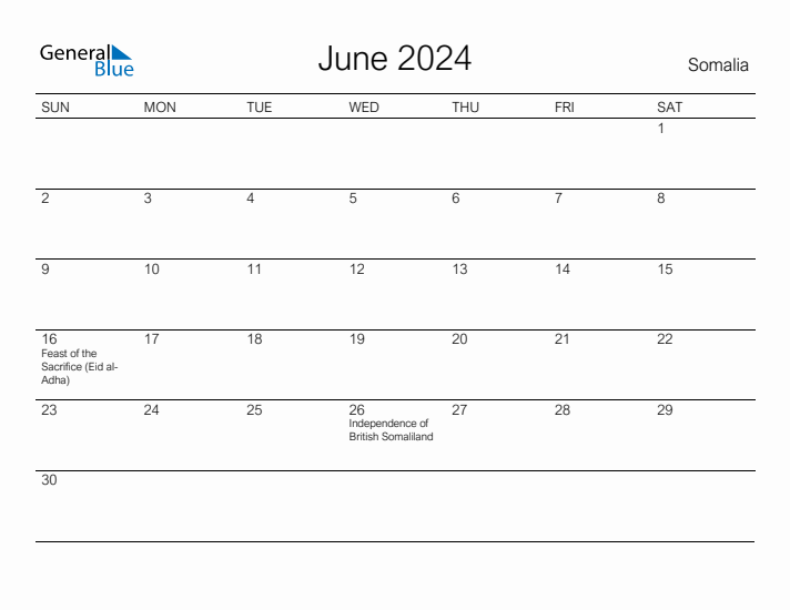 Printable June 2024 Calendar for Somalia