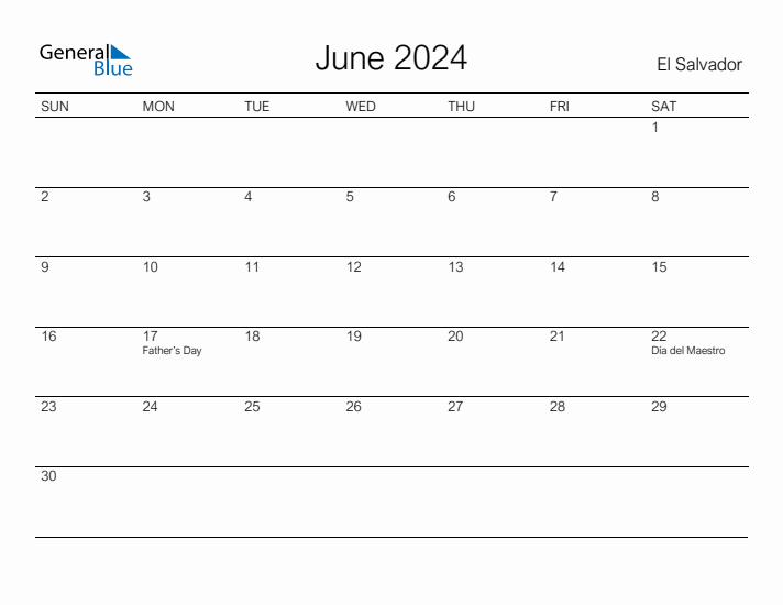 Printable June 2024 Calendar for El Salvador
