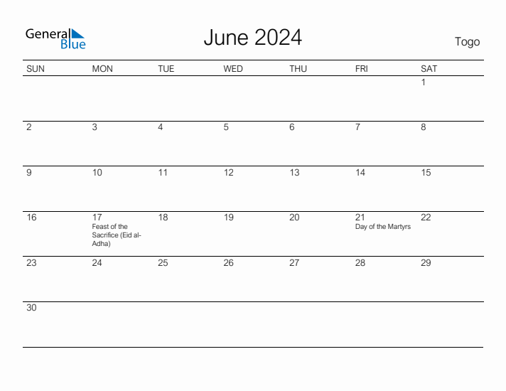 Printable June 2024 Calendar for Togo