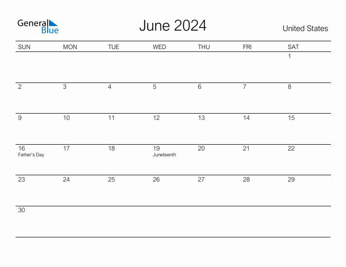 Printable June 2024 Calendar for United States