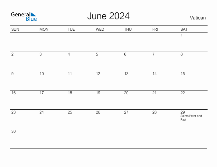 Printable June 2024 Calendar for Vatican
