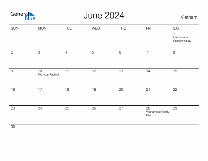 Printable June 2024 Calendar for Vietnam