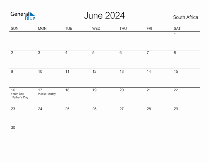 June 2024 Monthly Calendar with South Africa Holidays