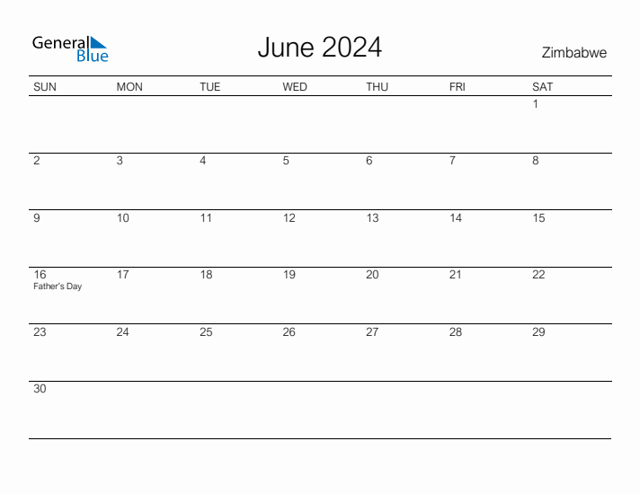 Printable June 2024 Calendar for Zimbabwe