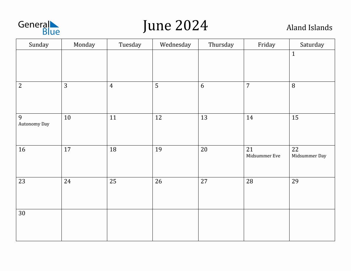 June 2024 Monthly Calendar with Aland Islands Holidays