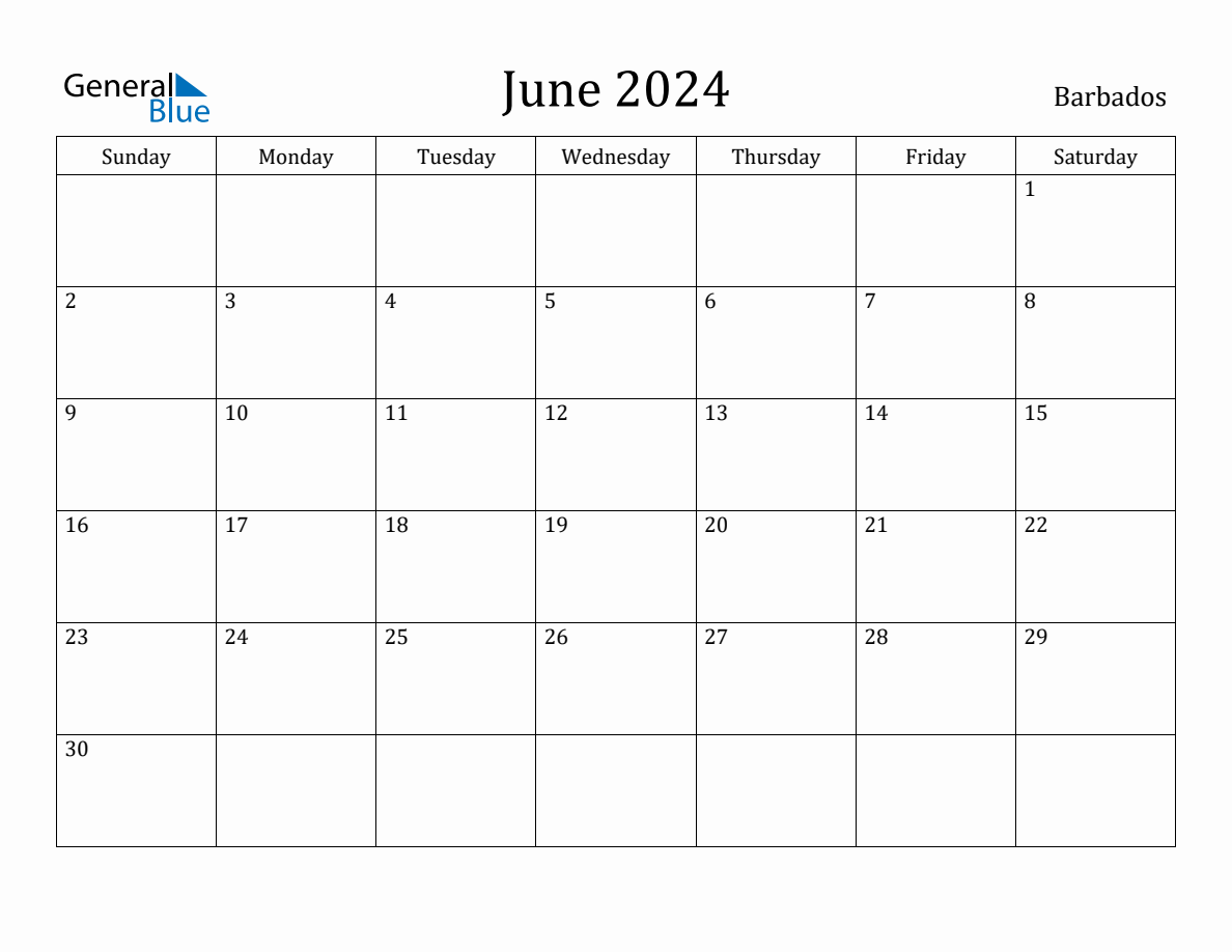 June 2024 Monthly Calendar with Barbados Holidays