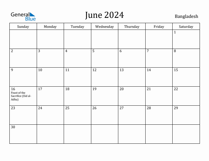 June 2024 Monthly Calendar with Bangladesh Holidays