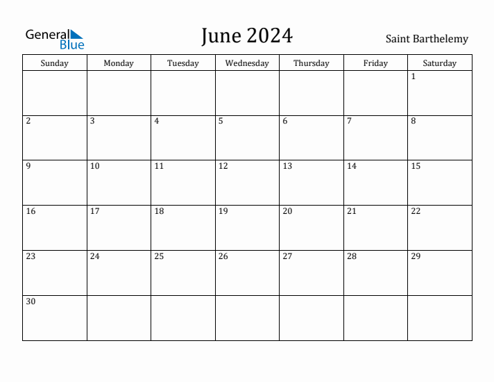 June 2024 Calendar Saint Barthelemy
