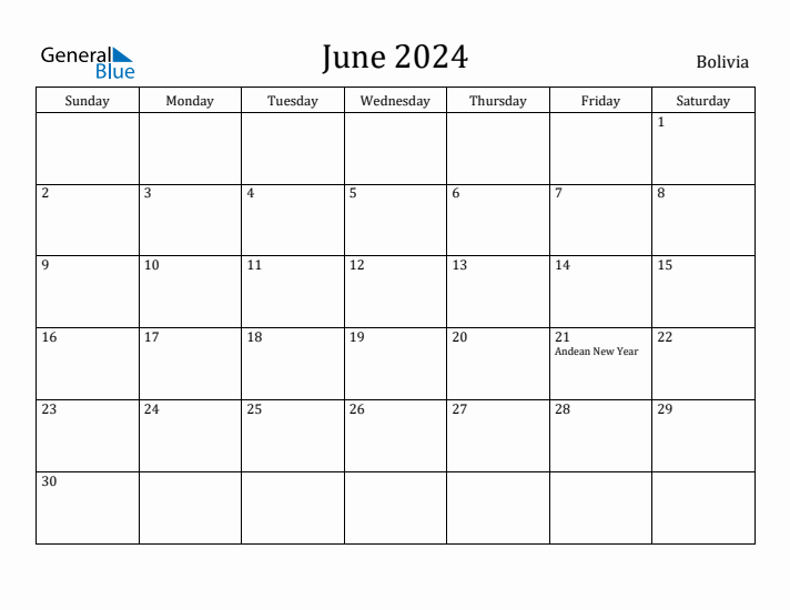 June 2024 Calendar Bolivia