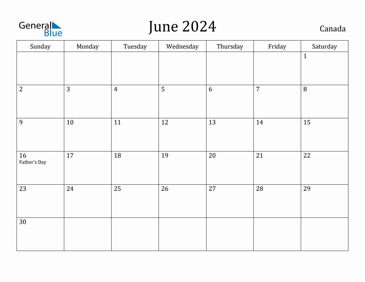 June 2024 monthly calendar with holidays in Canada