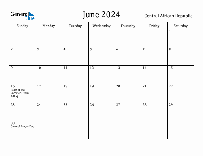 June 2024 Calendar Central African Republic