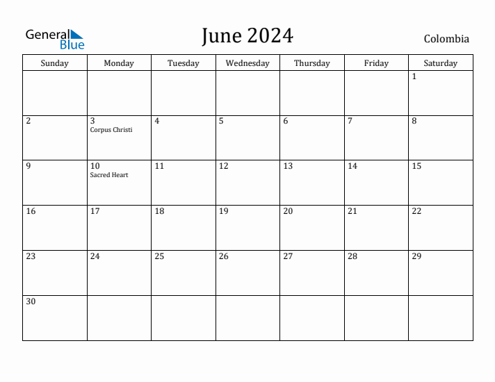 June 2024 Calendar Colombia