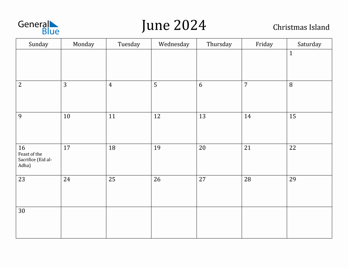 June 2024 Monthly Calendar with Christmas Island Holidays