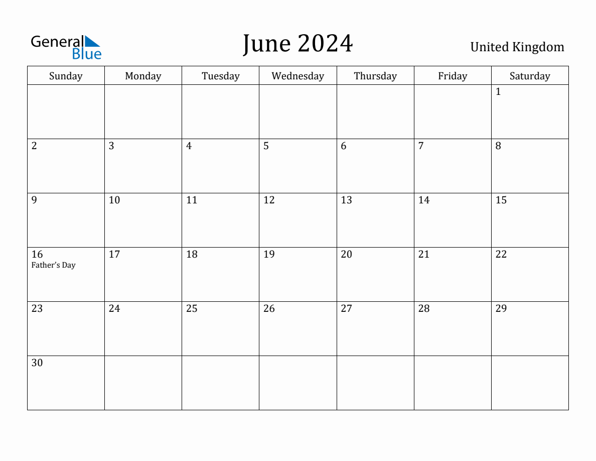 June 2024 monthly calendar with holidays in United Kingdom