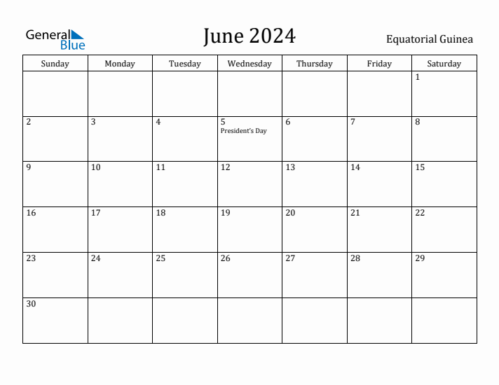 June 2024 Calendar Equatorial Guinea