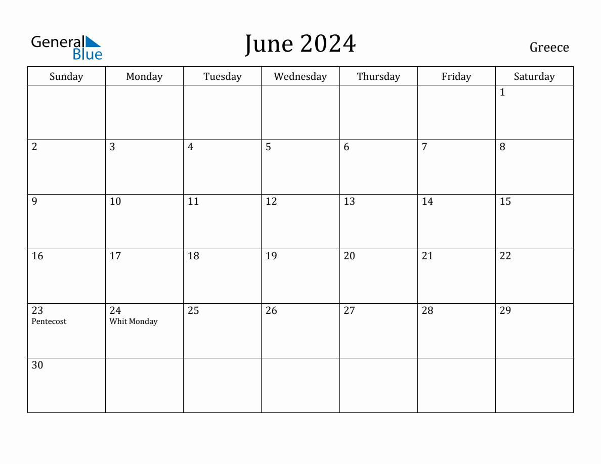 June 2024 Monthly Calendar with Greece Holidays