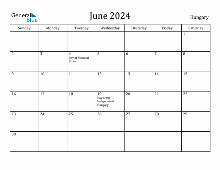 June 2024 Calendar Hungary