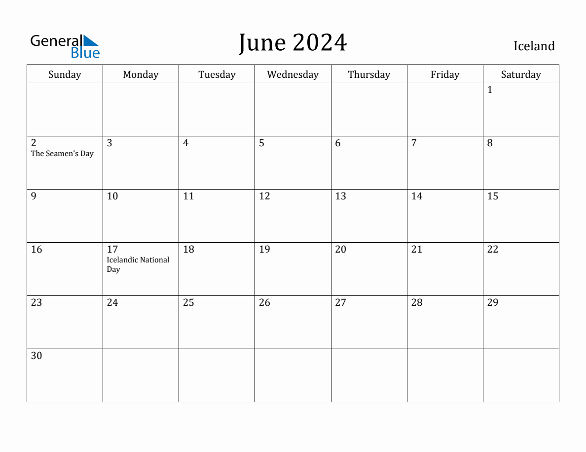 June 2024 Monthly Calendar with Iceland Holidays