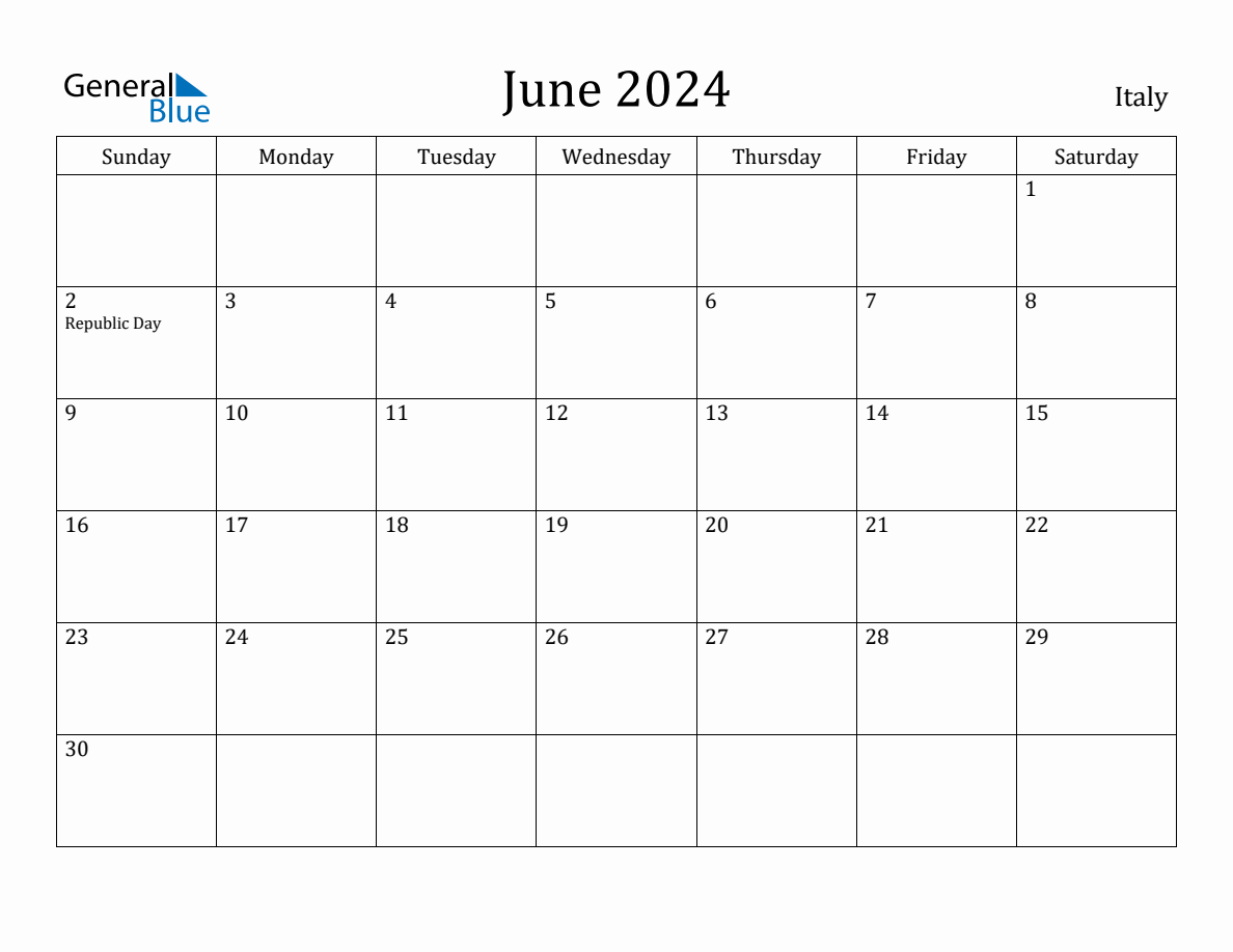 June 2024 monthly calendar with holidays in Italy