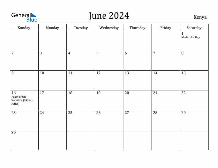 June 2024 Monthly Calendar with Kenya Holidays