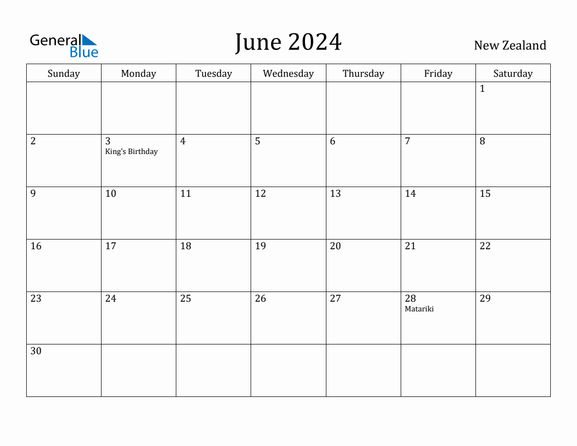 June 2024 Monthly Calendar with New Zealand Holidays