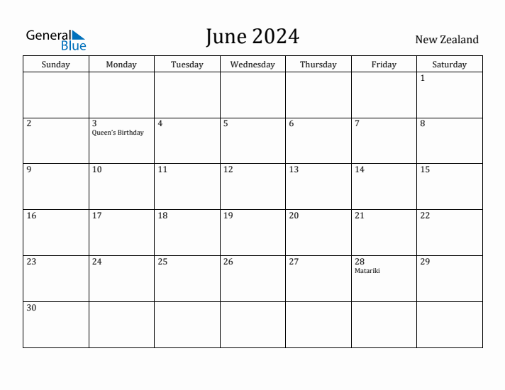 June 2024 Calendar New Zealand