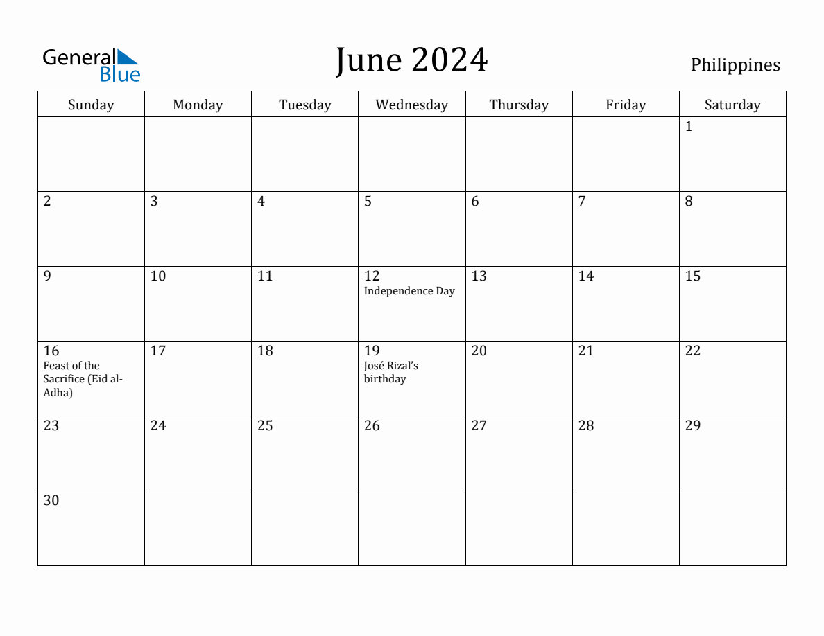 June 2024 monthly calendar with holidays in Philippines