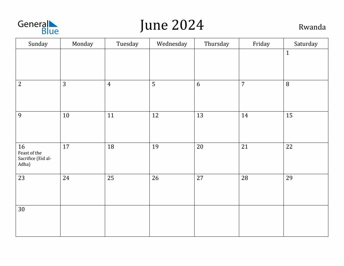 June 2024 Monthly Calendar with Rwanda Holidays