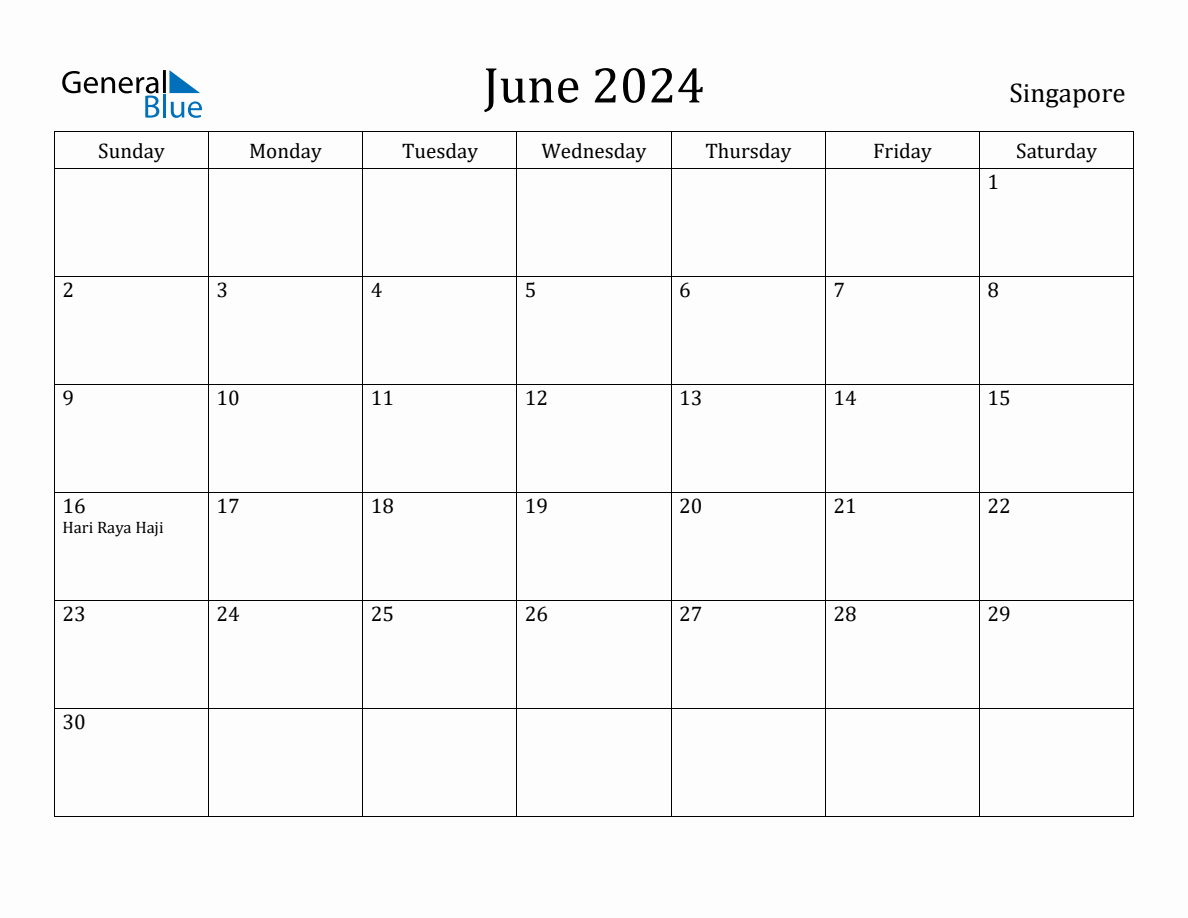 June 2024 Monthly Calendar with Singapore Holidays