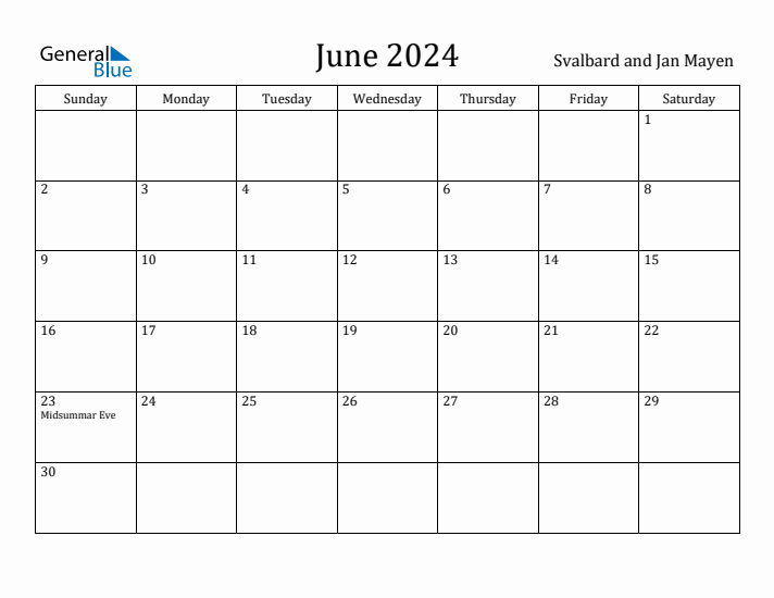 June 2024 Calendar Svalbard and Jan Mayen