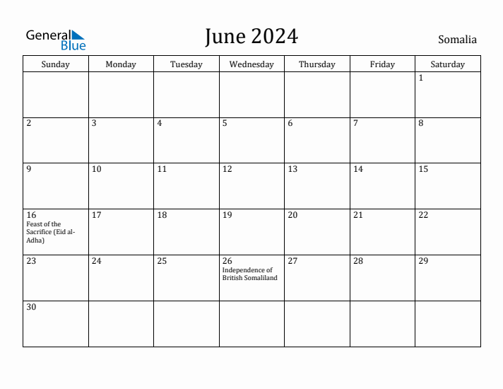 June 2024 Calendar Somalia