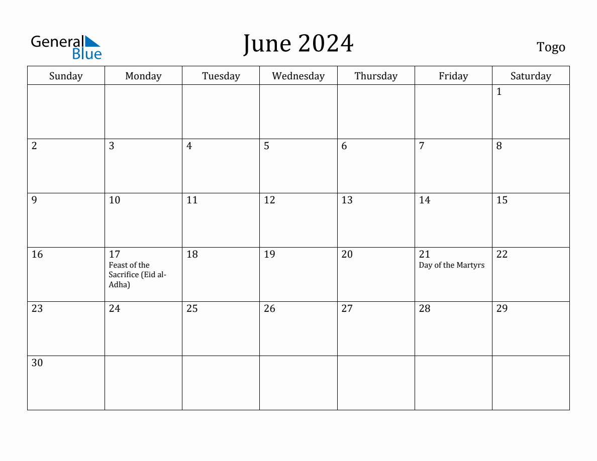 June 2024 Monthly Calendar with Togo Holidays