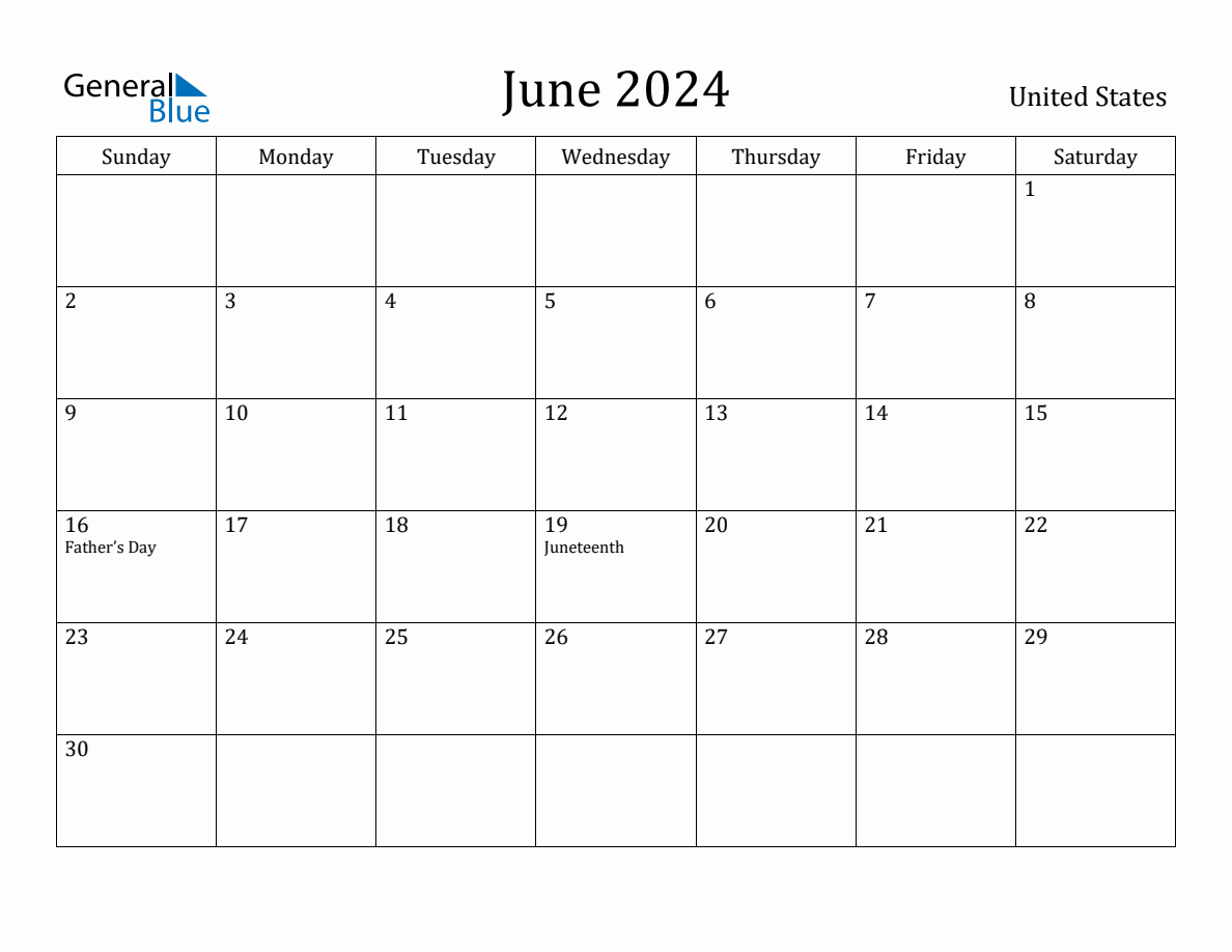 June 2024 monthly calendar with holidays in United States