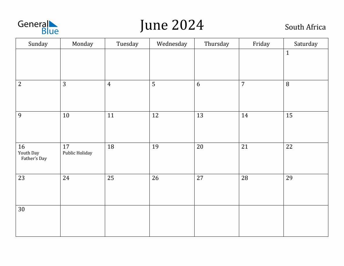 June 2024 monthly calendar with holidays in South Africa
