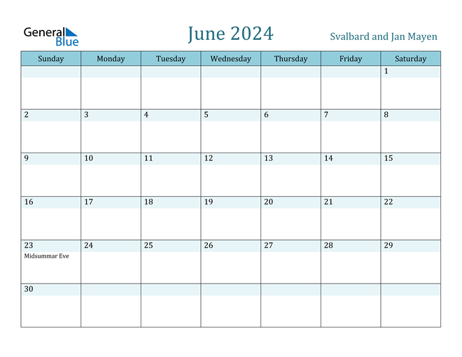 Svalbard and Jan Mayen June 2024 Calendar with Holidays