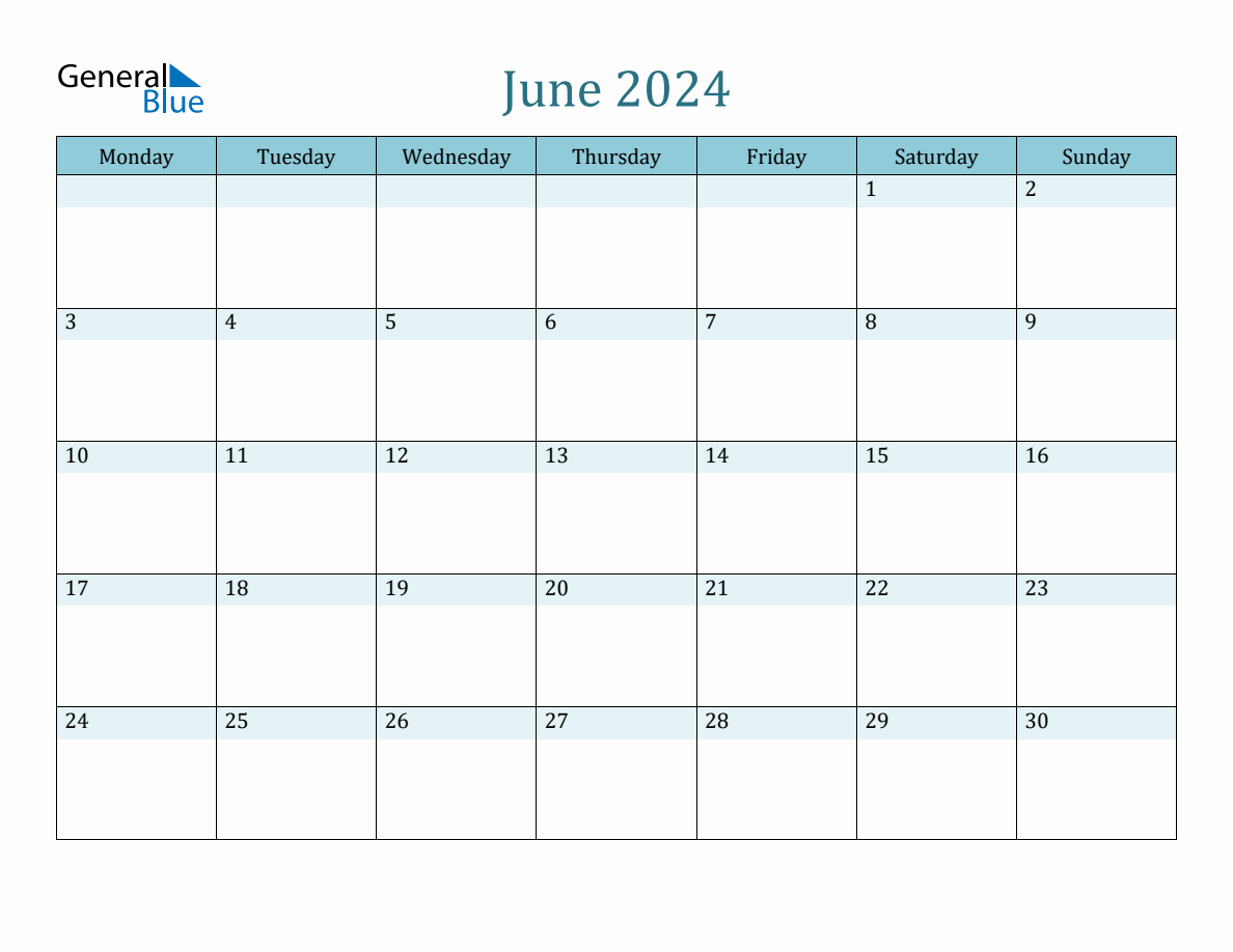 June 2024 Monthly Calendar Template (Monday Start)