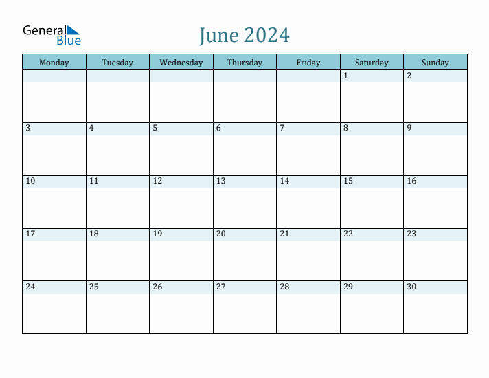 June 2024 Monthly Calendar Template (Monday Start)