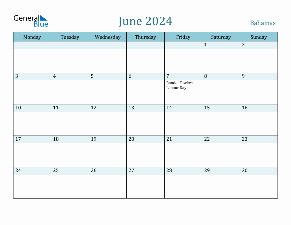 Bahamas Holiday Calendar for June 2024