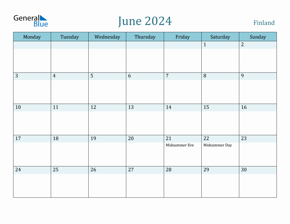 Finland Holiday Calendar for June 2024