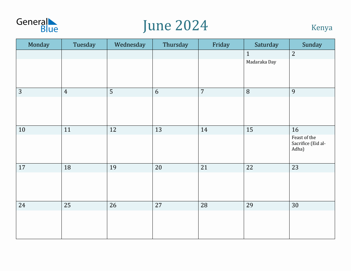 Kenya Holiday Calendar for June 2024