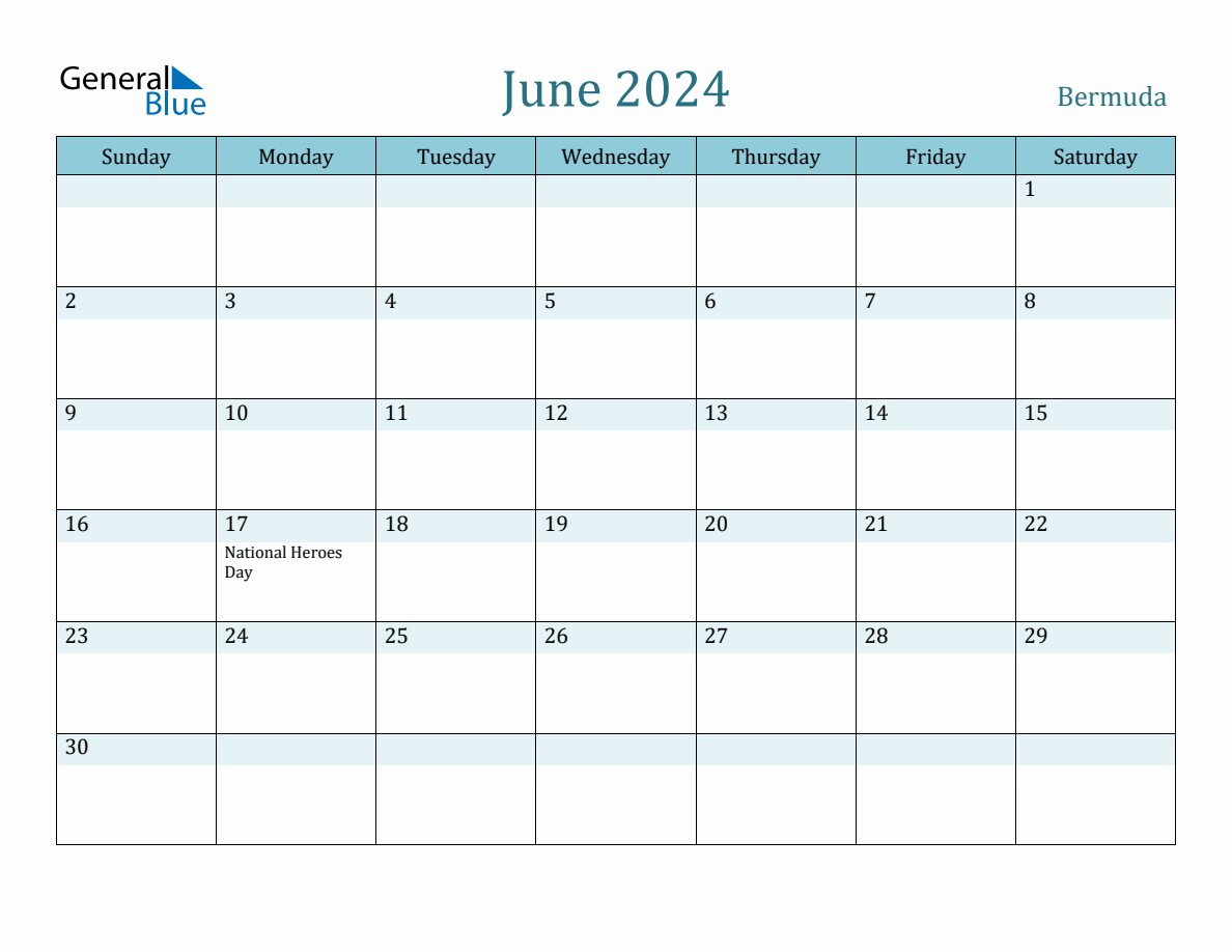 Bermuda Holiday Calendar for June 2024