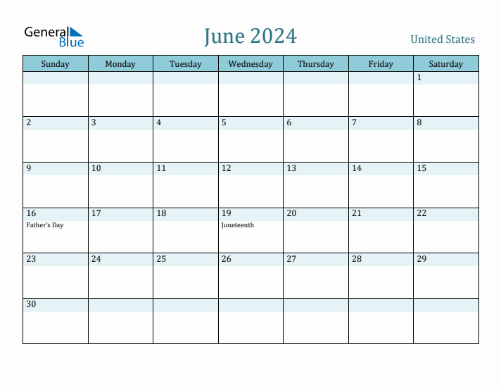 June 2024 Monthly Calendar with United States Holidays