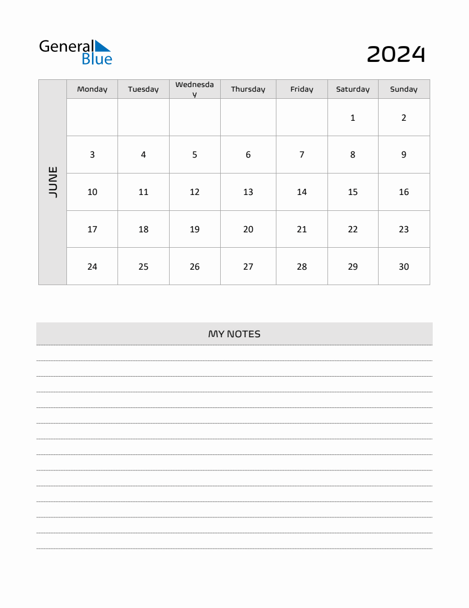 June 2024 Printable Monthly Calendar with Notes