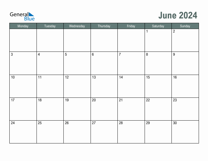 Blank June 2024 Monthly Calendar Template