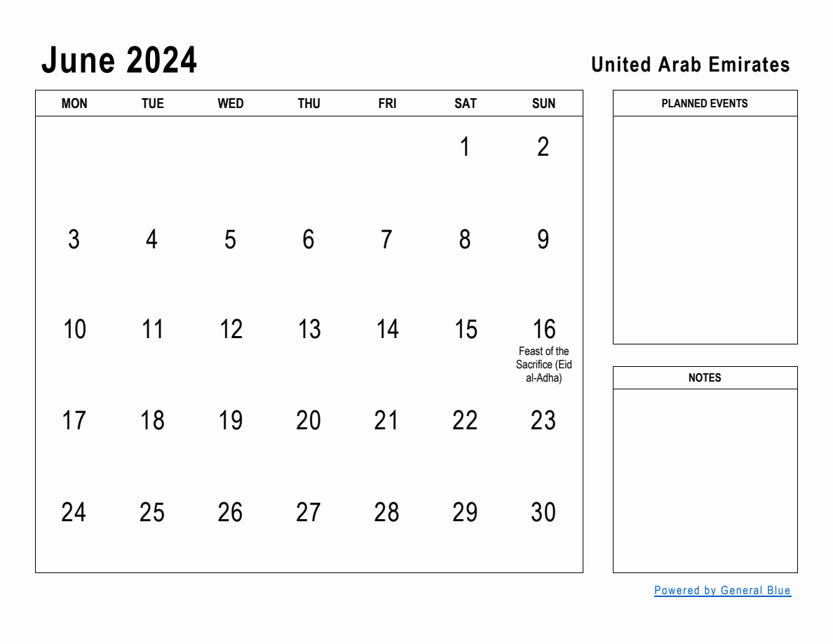 June 2024 Planner with United Arab Emirates Holidays